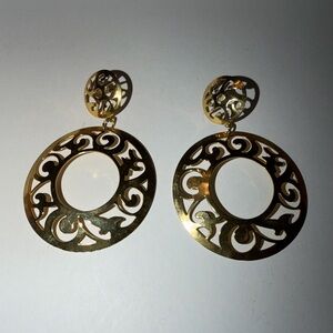 Vtg Gold-Tone Filigree Cutout Hoop Drop Lightweight Earrings